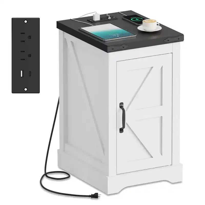 Charging Nightstand, Farmhouse Bedside Table with 2 AC Outlets & 2 USB Ports, Retro White End Table w/djustable Shelf, Cord Management for Bedroom