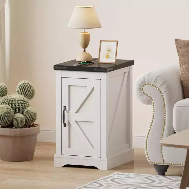 Charging Nightstand, Farmhouse Bedside Table with 2 AC Outlets & 2 USB Ports, Retro White End Table w/djustable Shelf, Cord Management for Bedroom