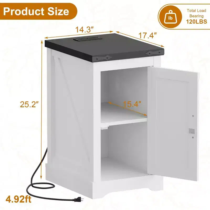 Charging Nightstand, Farmhouse Bedside Table with 2 AC Outlets & 2 USB Ports, Retro White End Table w/djustable Shelf, Cord Management for Bedroom
