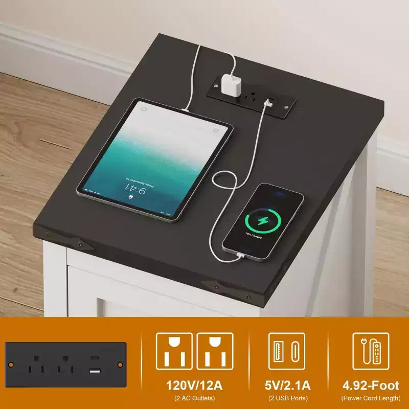 Charging Nightstand, Farmhouse Bedside Table with 2 AC Outlets & 2 USB Ports, Retro White End Table w/djustable Shelf, Cord Management for Bedroom