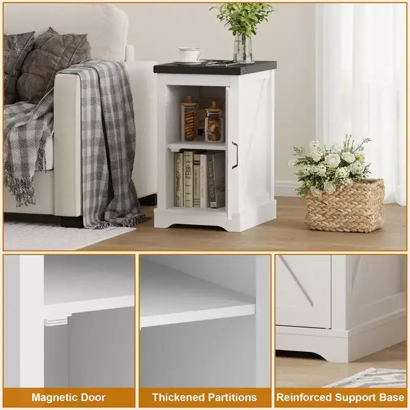 Charging Nightstand, Farmhouse Bedside Table with 2 AC Outlets & 2 USB Ports, Retro White End Table w/djustable Shelf, Cord Management for Bedroom