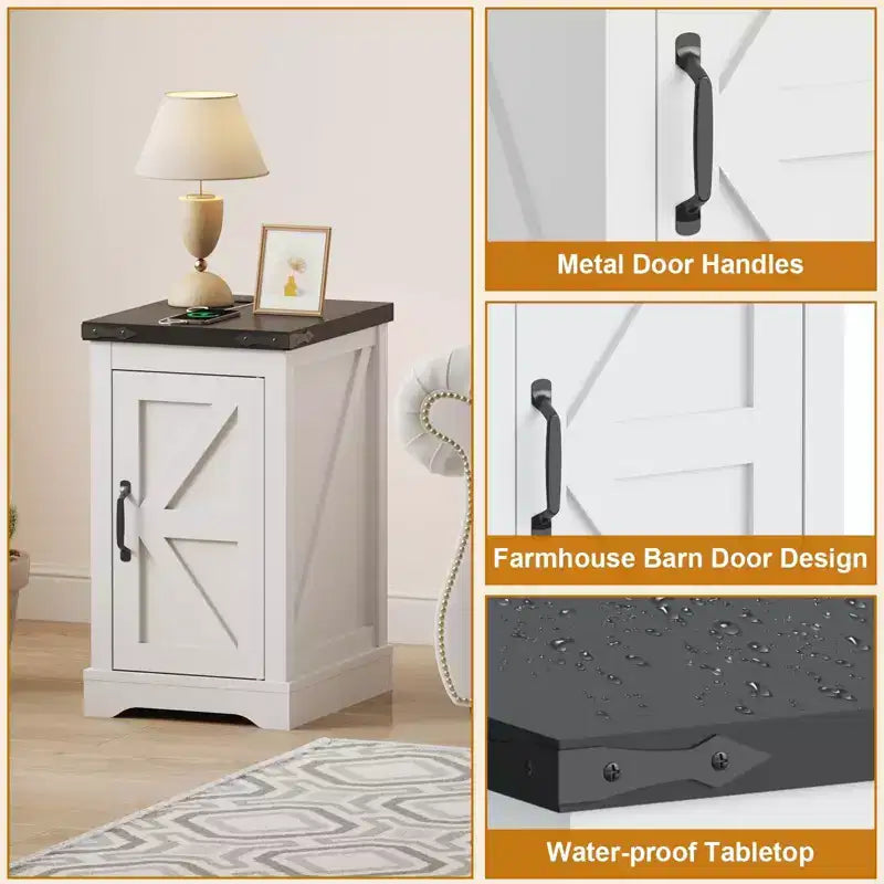 Charging Nightstand, Farmhouse Bedside Table with 2 AC Outlets & 2 USB Ports, Retro White End Table w/djustable Shelf, Cord Management for Bedroom