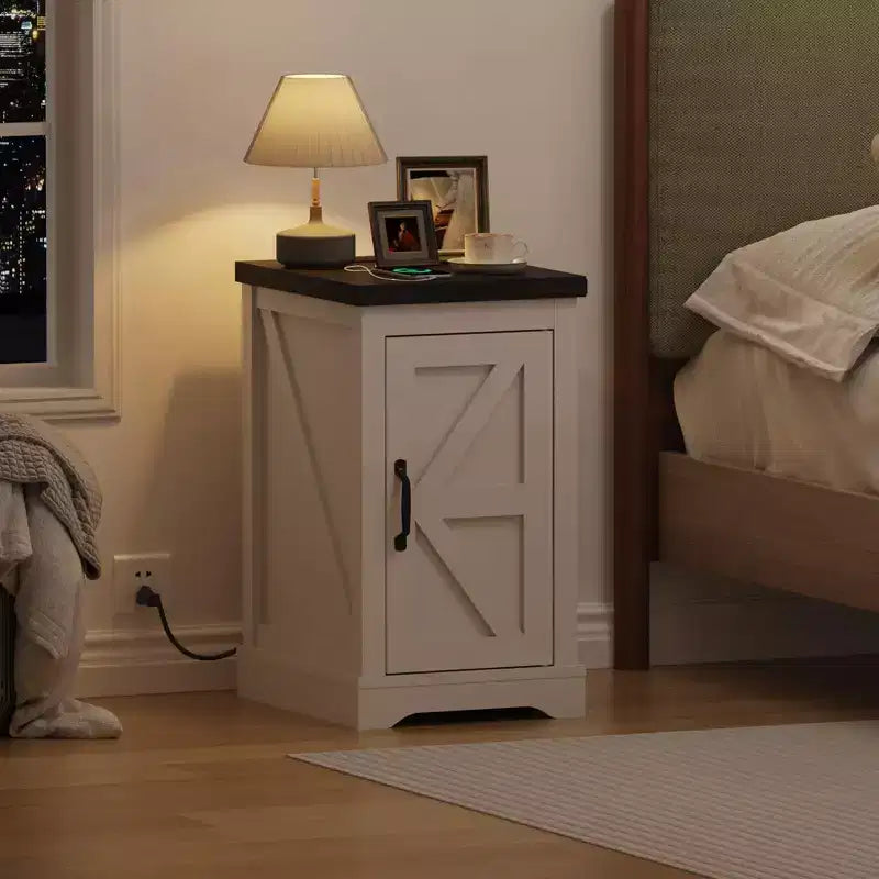 Charging Nightstand, Farmhouse Bedside Table with 2 AC Outlets & 2 USB Ports, Retro White End Table w/djustable Shelf, Cord Management for Bedroom