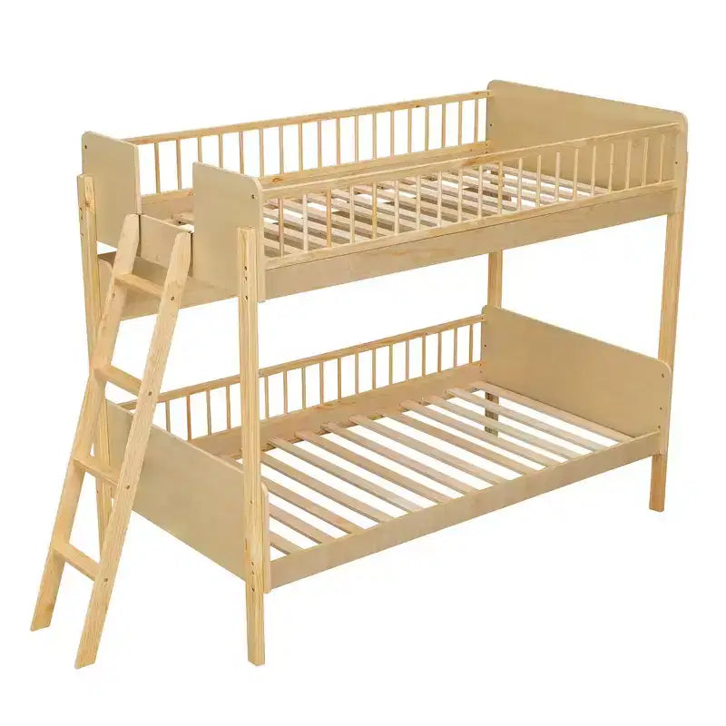 Whisen Twin Size Wooden Bunk Bed & Bed Frame with 3 Storage Shelves, Full-length Guardrail, Ladder