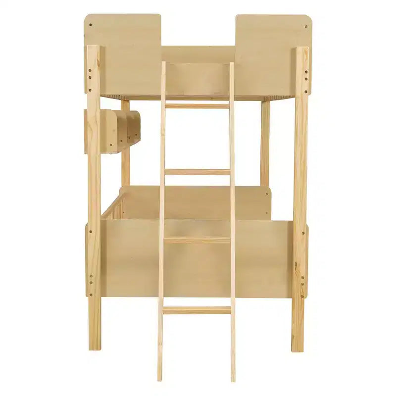 Whisen Twin Size Wooden Bunk Bed & Bed Frame with 3 Storage Shelves, Full-length Guardrail, Ladder