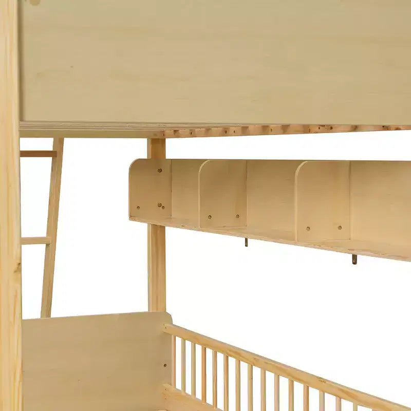 Whisen Twin Size Wooden Bunk Bed & Bed Frame with 3 Storage Shelves, Full-length Guardrail, Ladder
