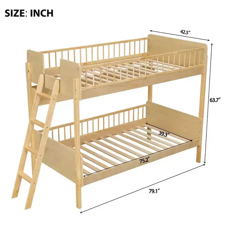 Whisen Twin Size Wooden Bunk Bed & Bed Frame with 3 Storage Shelves, Full-length Guardrail, Ladder