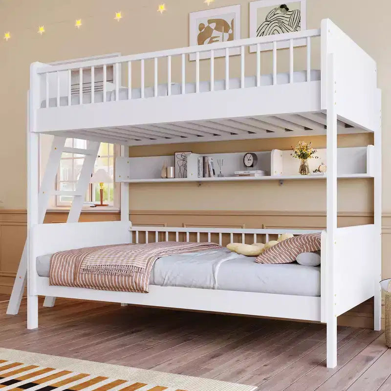 Whisen Twin Size Wooden Bunk Bed & Bed Frame with 3 Storage Shelves, Full-length Guardrail, Ladder