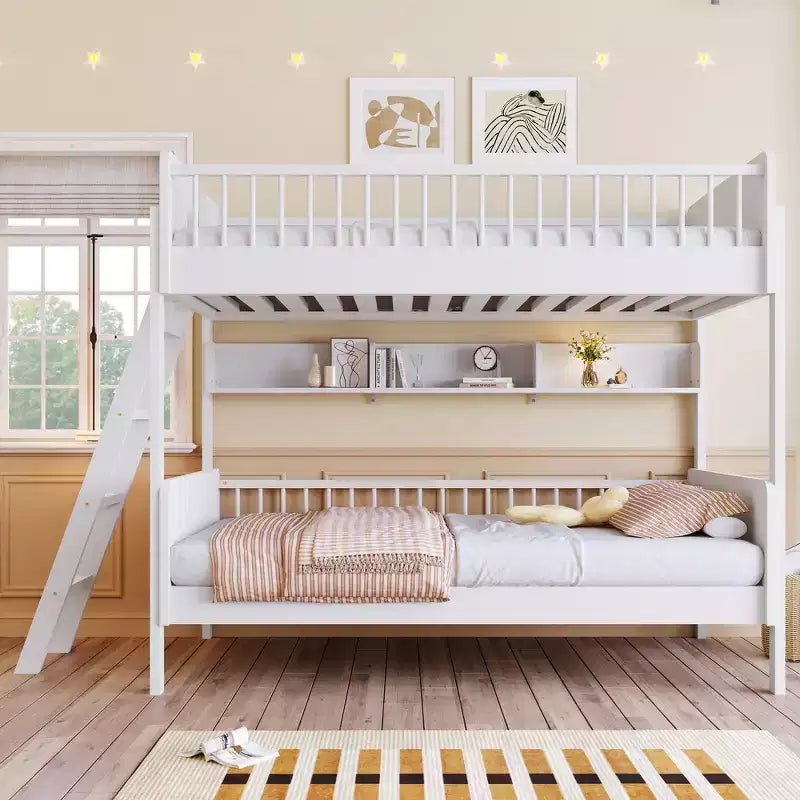 Whisen Twin Size Wooden Bunk Bed & Bed Frame with 3 Storage Shelves, Full-length Guardrail, Ladder