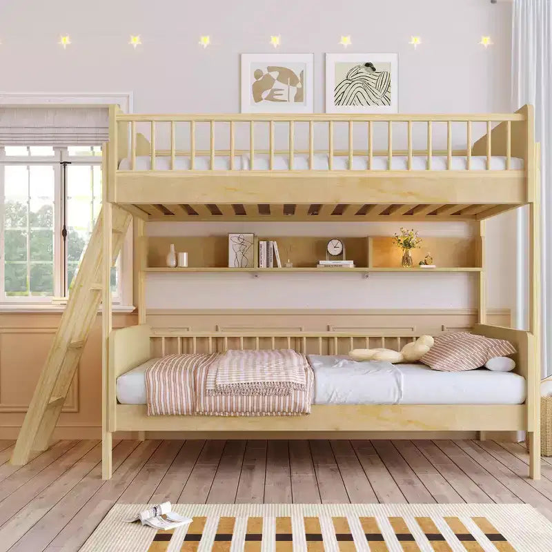 Whisen Twin Size Wooden Bunk Bed & Bed Frame with 3 Storage Shelves, Full-length Guardrail, Ladder
