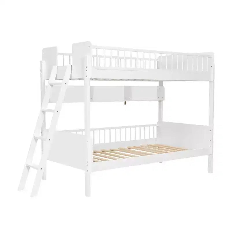 Whisen Twin Size Wooden Bunk Bed & Bed Frame with 3 Storage Shelves, Full-length Guardrail, Ladder