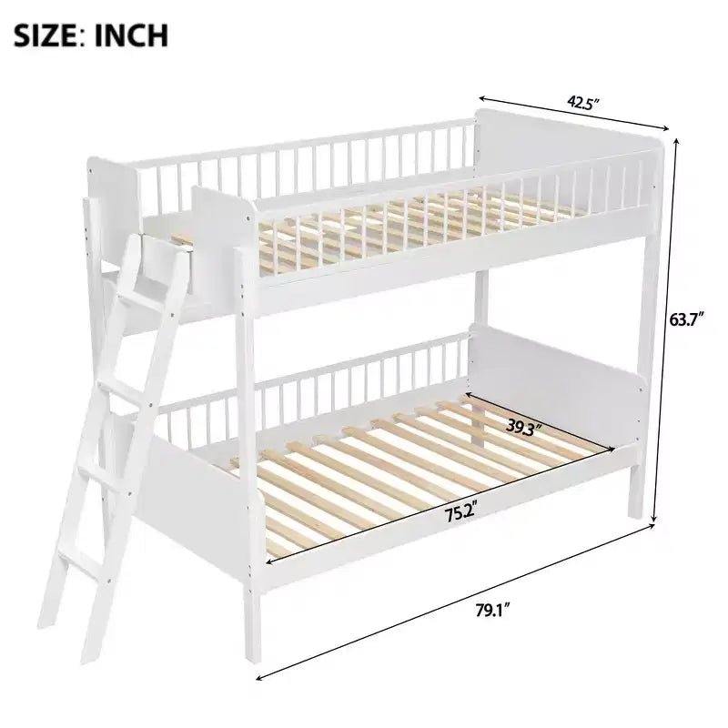 Whisen Twin Size Wooden Bunk Bed & Bed Frame with 3 Storage Shelves, Full-length Guardrail, Ladder
