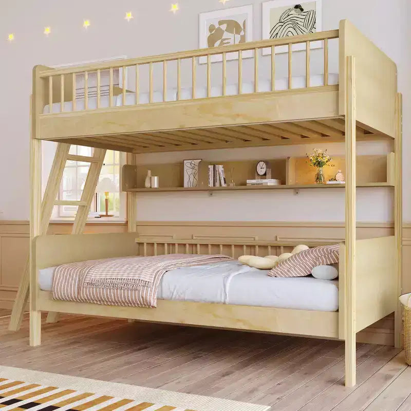 Whisen Twin Size Wooden Bunk Bed & Bed Frame with 3 Storage Shelves, Full-length Guardrail, Ladder