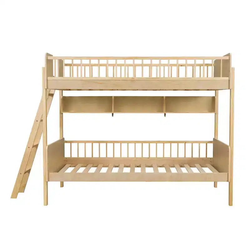 Whisen Twin Size Wooden Bunk Bed & Bed Frame with 3 Storage Shelves, Full-length Guardrail, Ladder