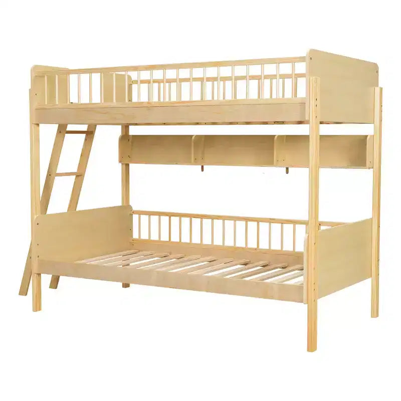 Whisen Twin Size Wooden Bunk Bed & Bed Frame with 3 Storage Shelves, Full-length Guardrail, Ladder