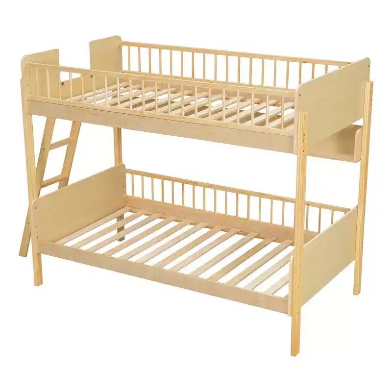 Whisen Twin Size Wooden Bunk Bed & Bed Frame with 3 Storage Shelves, Full-length Guardrail, Ladder