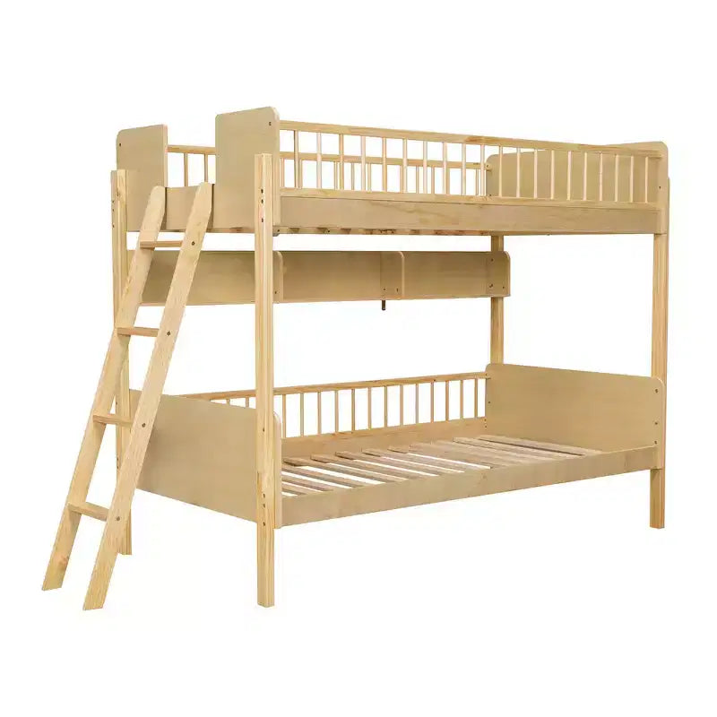 Whisen Twin Size Wooden Bunk Bed & Bed Frame with 3 Storage Shelves, Full-length Guardrail, Ladder