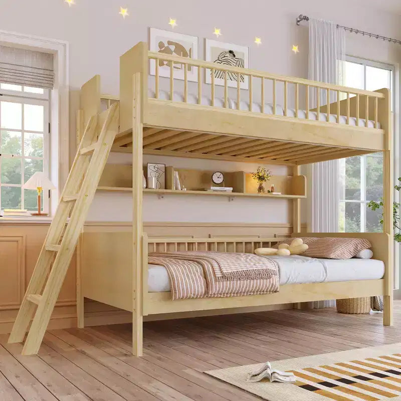 Whisen Twin Size Wooden Bunk Bed & Bed Frame with 3 Storage Shelves, Full-length Guardrail, Ladder