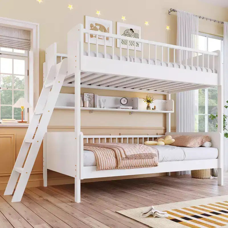 Whisen Twin Size Wooden Bunk Bed & Bed Frame with 3 Storage Shelves, Full-length Guardrail, Ladder