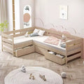 Whisen L-Shaped Twin Size Platform Bed with 3 Storage Drawers, Solid Pine & MDF Construction, Slatted Suppor - Natural