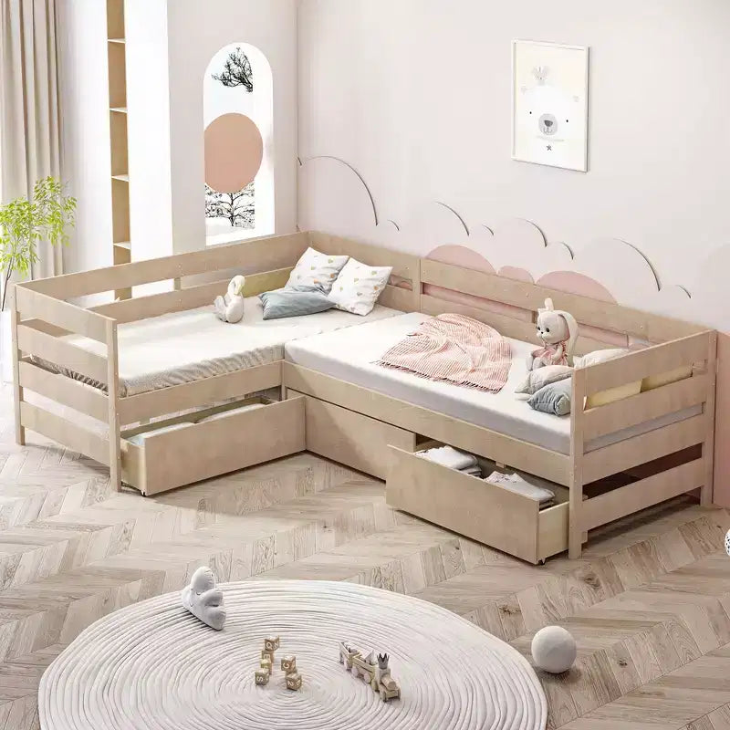 Whisen L-Shaped Twin Size Platform Bed with 3 Storage Drawers, Solid Pine & MDF Construction, Slatted Suppor - Natural