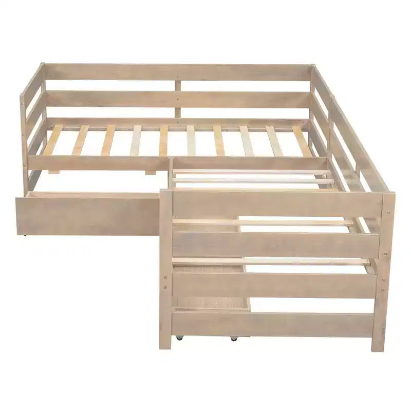 Whisen L-Shaped Twin Size Platform Bed with 3 Storage Drawers, Solid Pine & MDF Construction, Slatted Suppor - Natural