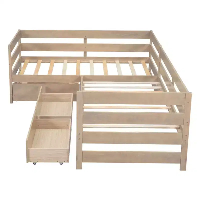 Whisen L-Shaped Twin Size Platform Bed with 3 Storage Drawers, Solid Pine & MDF Construction, Slatted Suppor - Natural