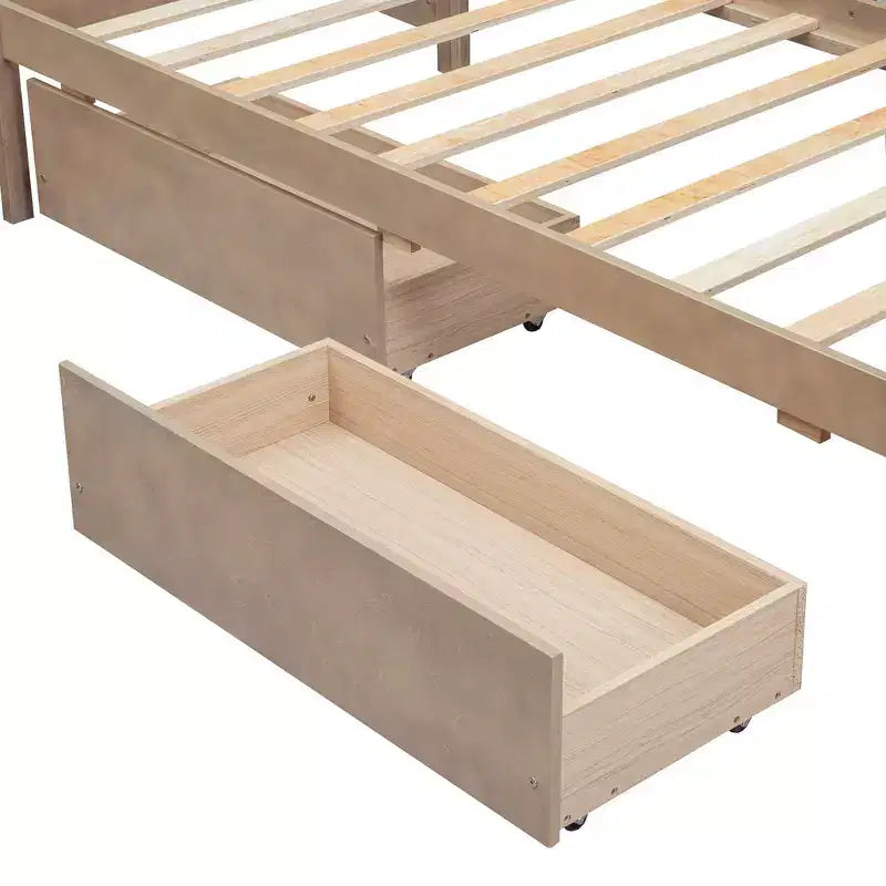 Whisen L-Shaped Twin Size Platform Bed with 3 Storage Drawers, Solid Pine & MDF Construction, Slatted Suppor - Natural