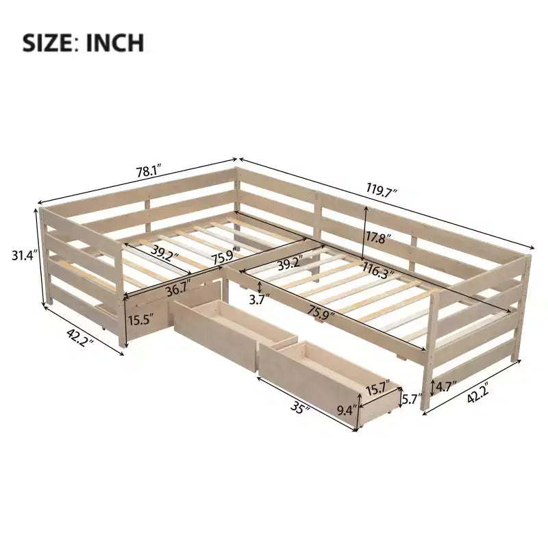 Whisen L-Shaped Twin Size Platform Bed with 3 Storage Drawers, Solid Pine & MDF Construction, Slatted Suppor - Natural