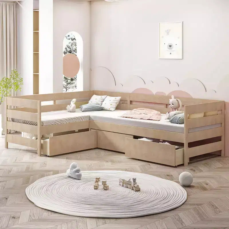 Whisen L-Shaped Twin Size Platform Bed with 3 Storage Drawers, Solid Pine & MDF Construction, Slatted Suppor - Natural