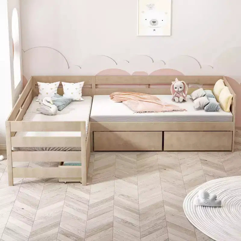 Whisen L-Shaped Twin Size Platform Bed with 3 Storage Drawers, Solid Pine & MDF Construction, Slatted Suppor - Natural