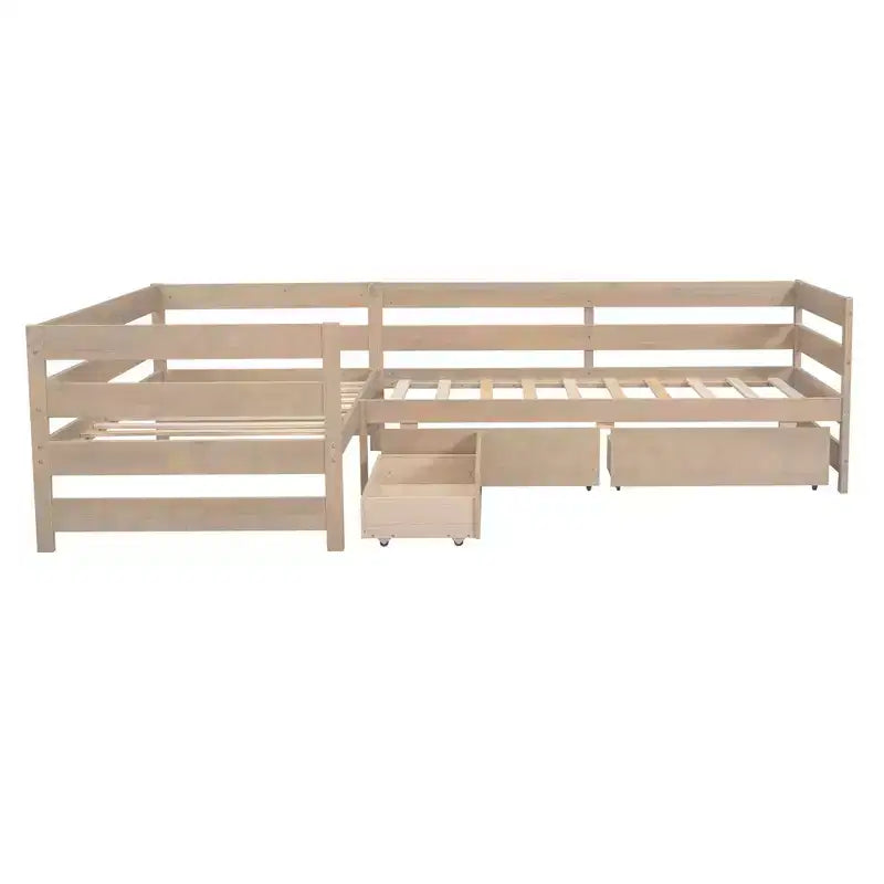 Whisen L-Shaped Twin Size Platform Bed with 3 Storage Drawers, Solid Pine & MDF Construction, Slatted Suppor - Natural