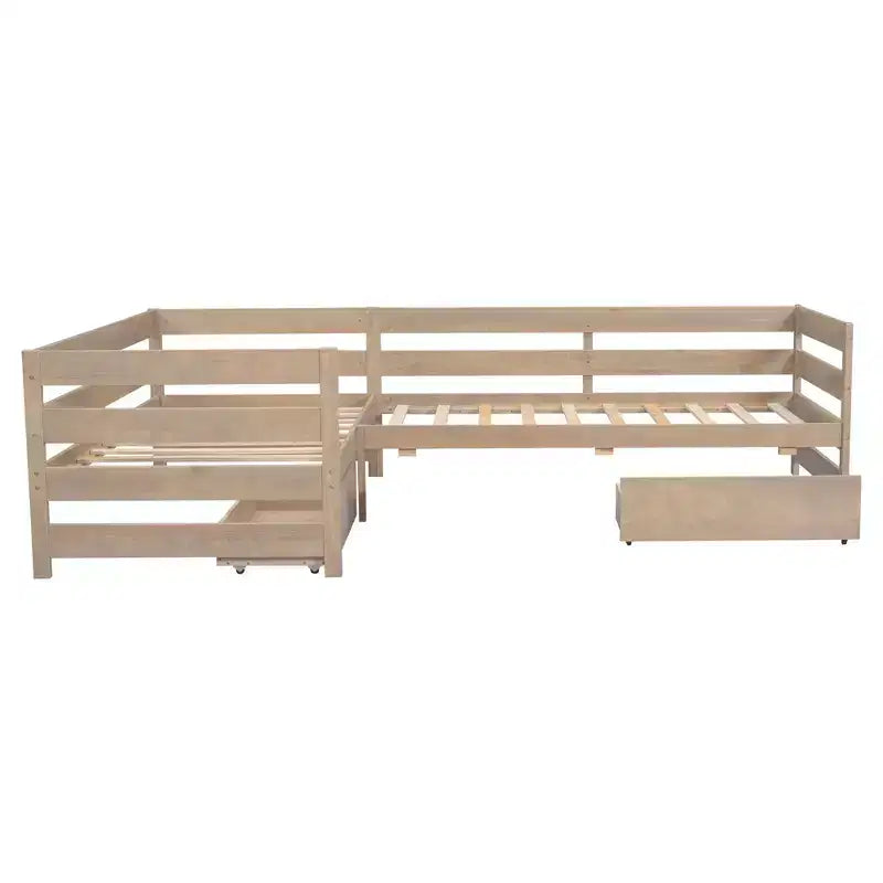 Whisen L-Shaped Twin Size Platform Bed with 3 Storage Drawers, Solid Pine & MDF Construction, Slatted Suppor - Natural