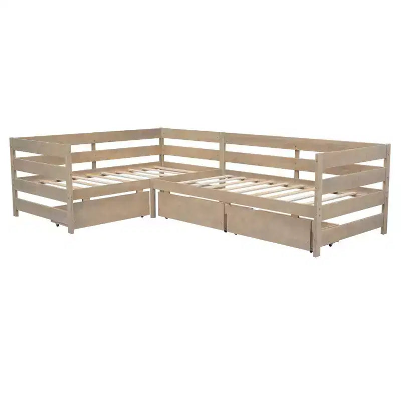Whisen L-Shaped Twin Size Platform Bed with 3 Storage Drawers, Solid Pine & MDF Construction, Slatted Suppor - Natural