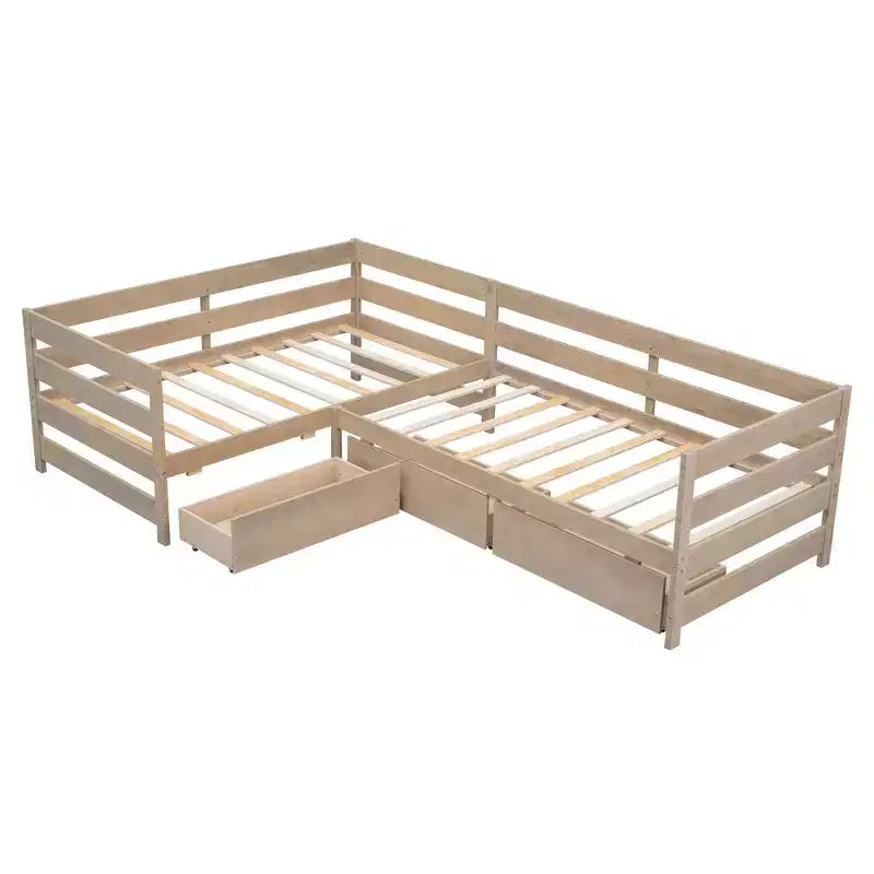 Whisen L-Shaped Twin Size Platform Bed with 3 Storage Drawers, Solid Pine & MDF Construction, Slatted Suppor - Natural