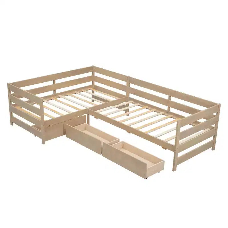 Whisen L-Shaped Twin Size Platform Bed with 3 Storage Drawers, Solid Pine & MDF Construction, Slatted Suppor - Natural