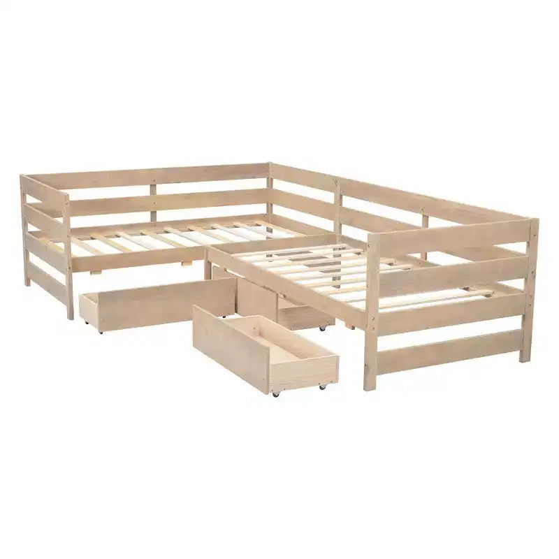 Whisen L-Shaped Twin Size Platform Bed with 3 Storage Drawers, Solid Pine & MDF Construction, Slatted Suppor - Natural