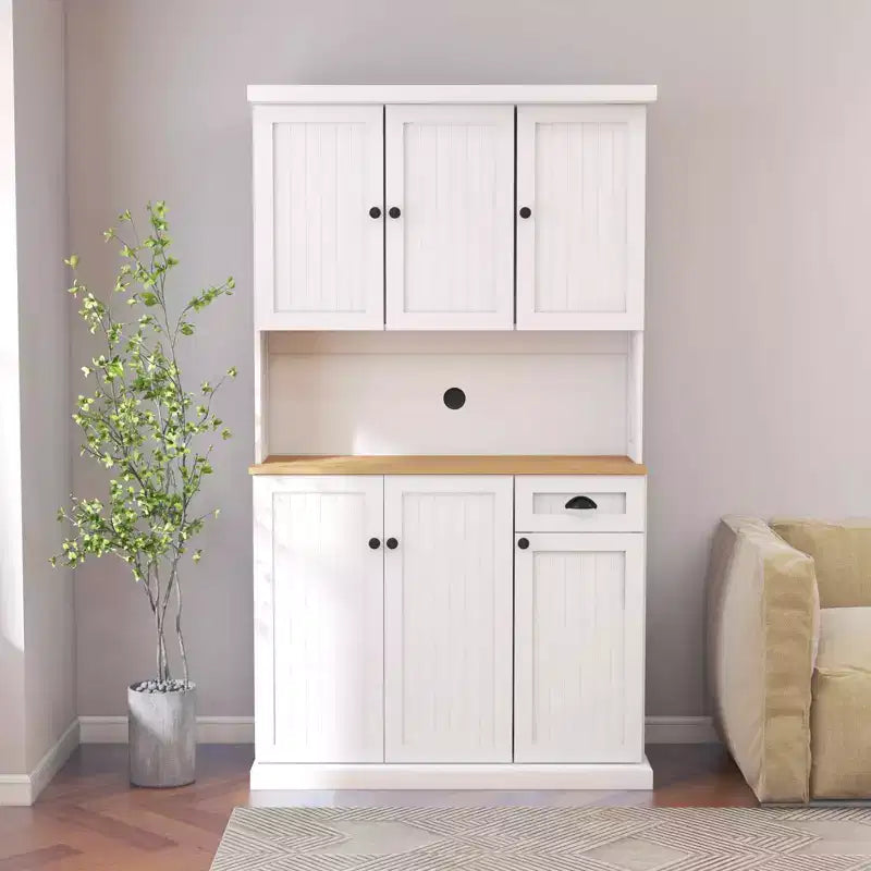MAYEERTY White 71 Kitchen Pantry Cabinet, Microwave Countertop 6 Doors 1 Drawer Adjustable Shelves
