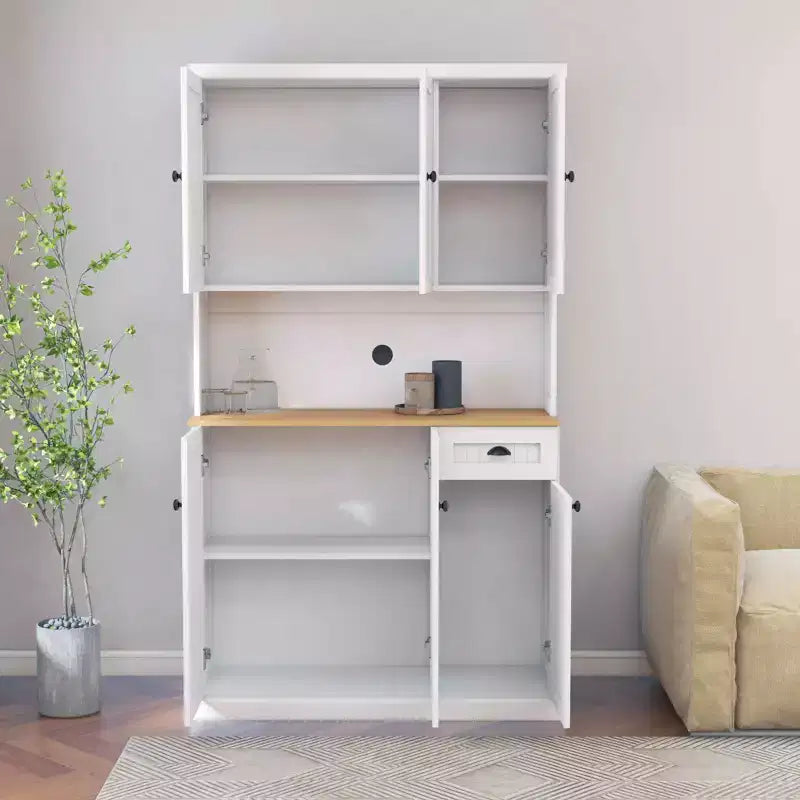MAYEERTY White 71 Kitchen Pantry Cabinet, Microwave Countertop 6 Doors 1 Drawer Adjustable Shelves