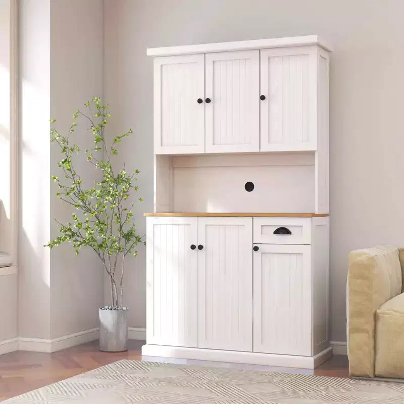 MAYEERTY White 71 Kitchen Pantry Cabinet, Microwave Countertop 6 Doors 1 Drawer Adjustable Shelves