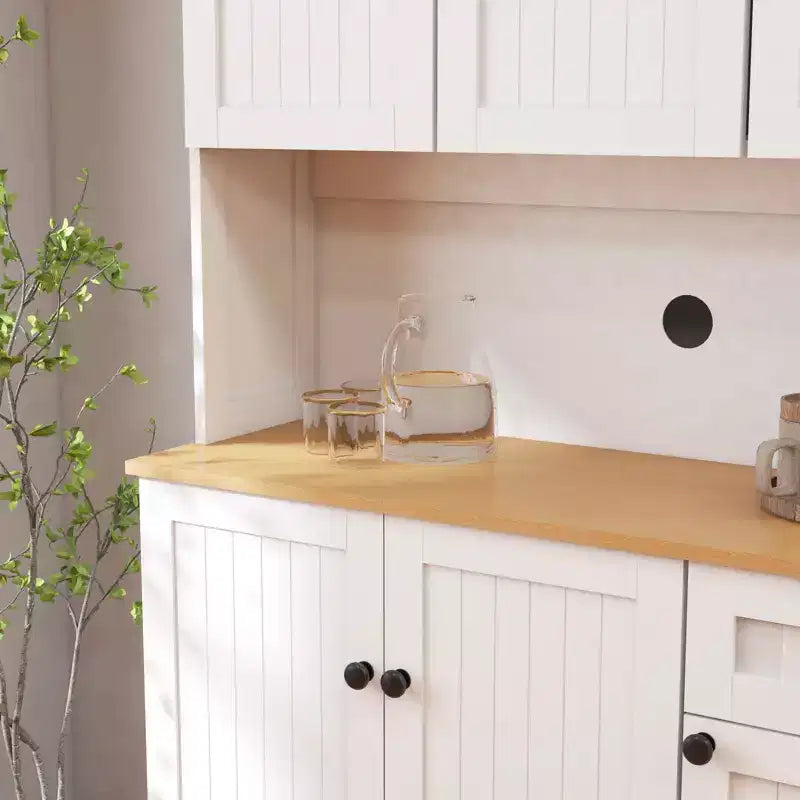 MAYEERTY White 71 Kitchen Pantry Cabinet, Microwave Countertop 6 Doors 1 Drawer Adjustable Shelves