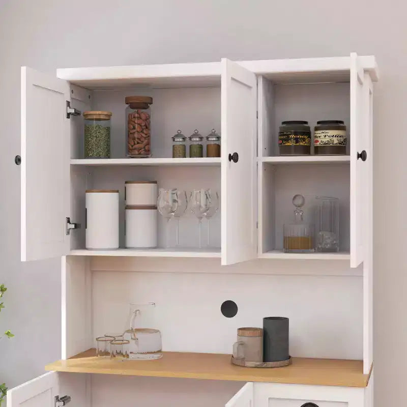 MAYEERTY White 71 Kitchen Pantry Cabinet, Microwave Countertop 6 Doors 1 Drawer Adjustable Shelves