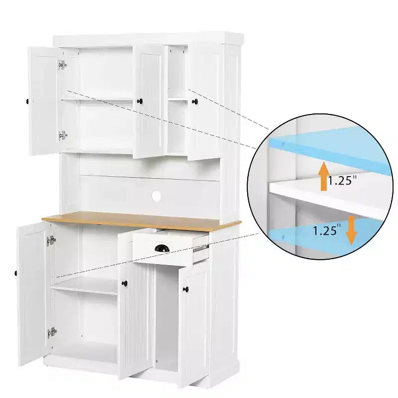 MAYEERTY White 71 Kitchen Pantry Cabinet, Microwave Countertop 6 Doors 1 Drawer Adjustable Shelves