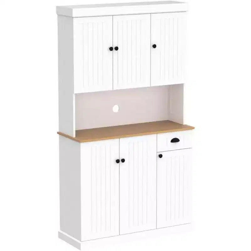 MAYEERTY White 71 Kitchen Pantry Cabinet, Microwave Countertop 6 Doors 1 Drawer Adjustable Shelves