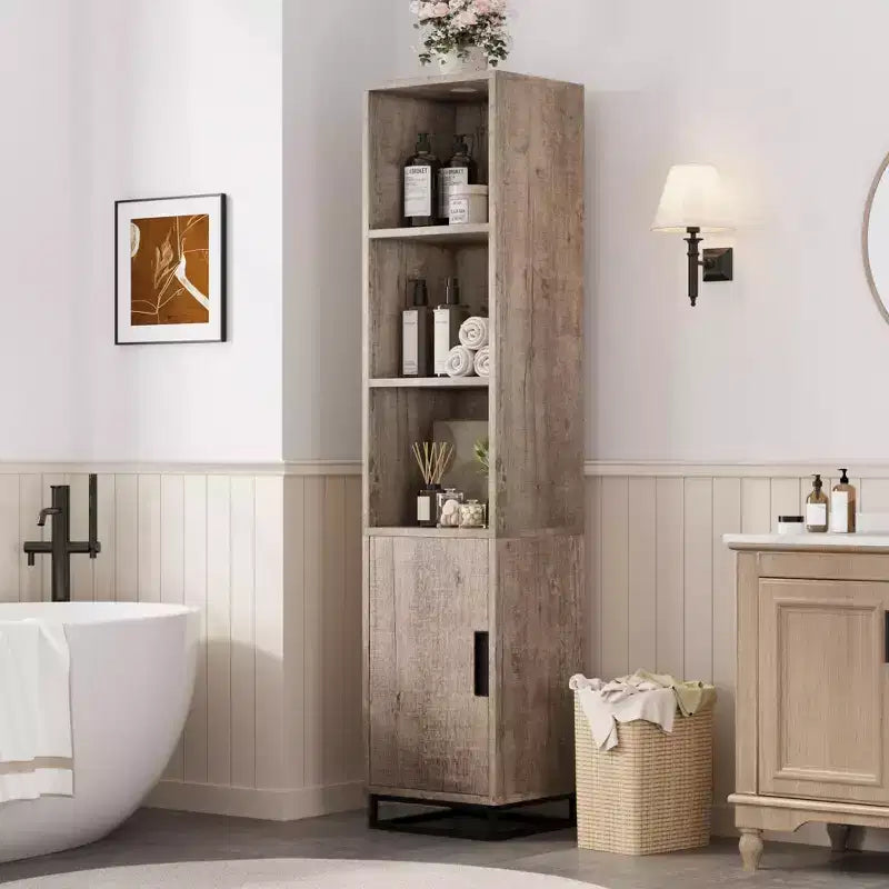 Narrow Bathroom Cabinet, 70 in Tall Storage Cabinet with Metal Frame Base & Adjustable Shelf, Open Storage Freestanding for Laundry Room, Living Room