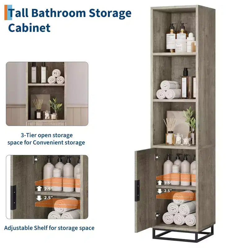 Narrow Bathroom Cabinet, 70 in Tall Storage Cabinet with Metal Frame Base & Adjustable Shelf, Open Storage Freestanding for Laundry Room, Living Room