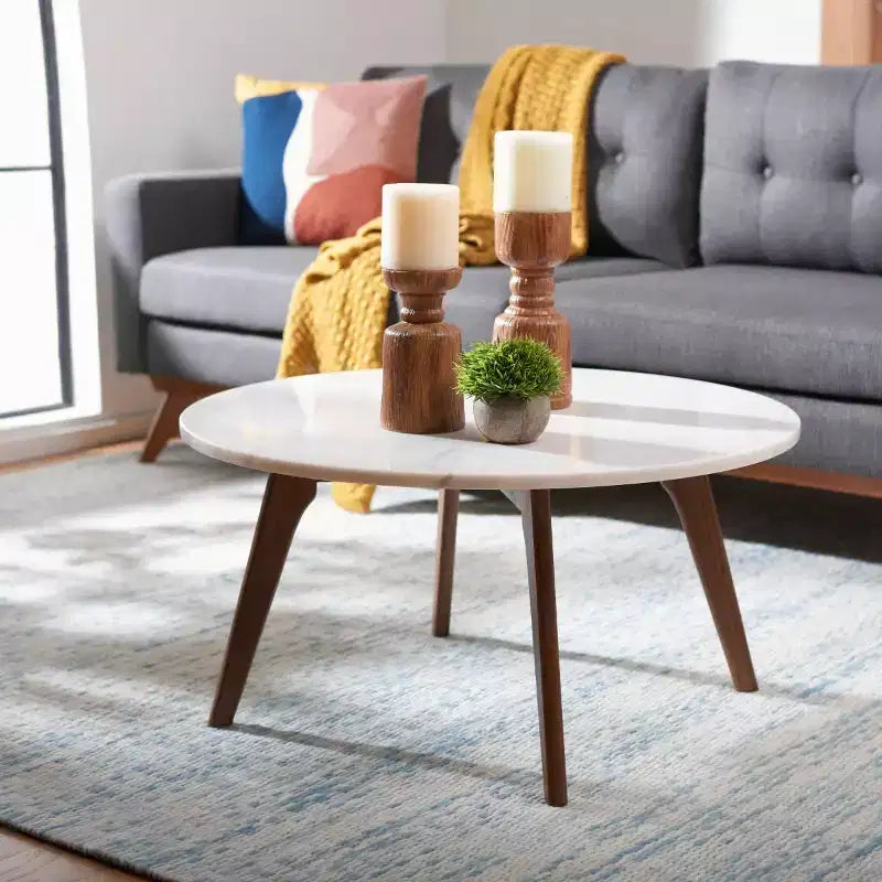 Syrio Round Marble Coffee Table - COF8100A - Marble/Walnut - Safavieh
