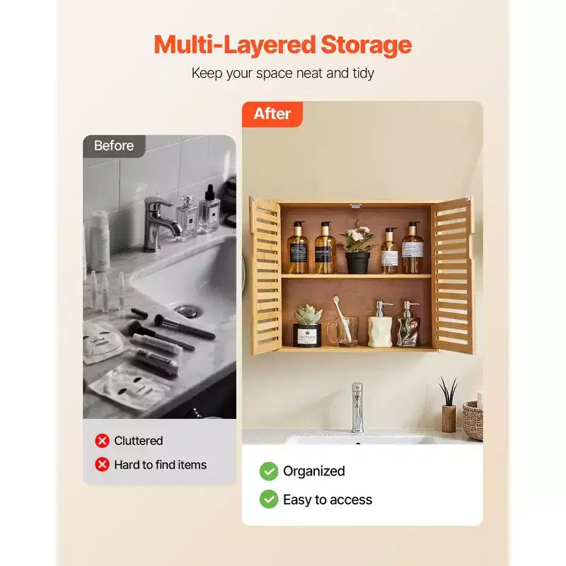 VEVOR Bathroom Wall Cabinet, 2 Doors and Adjustable Shelf with 3 Height Levels, Over the Toilet Storage Medicine Cabinet Wall Mounted, ,Brown