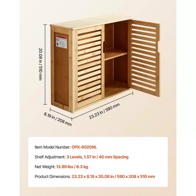 VEVOR Bathroom Wall Cabinet, 2 Doors and Adjustable Shelf with 3 Height Levels, Over the Toilet Storage Medicine Cabinet Wall Mounted, ,Brown