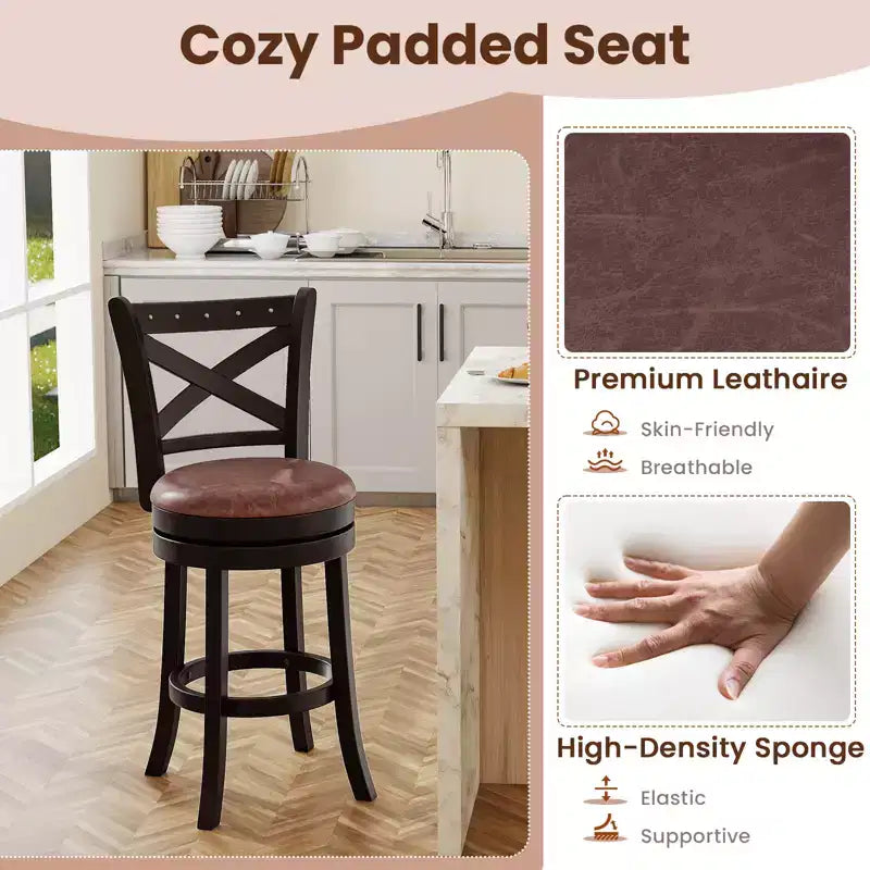 Costway 26 Swivel Bar Stools Set of 2 Footrest & Rubber Wood Frame for Kitchen Island